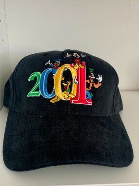 Vtg Y2K 2001 Walt Disney World Adult Size Black Strap Back Cap Embroidered Hat